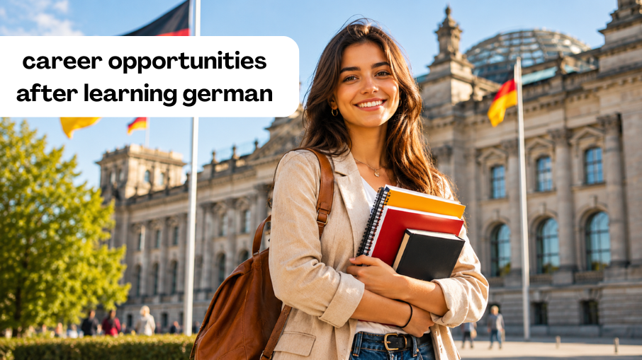 A professional holding a German language certificate with job icons representing career opportunities after learning German